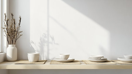 A serene kitchen scene featuring minimalist white dishware neatly arranged on a wooden shelf, complemented by a simple vase of dried flowers, creating a calming atmosphere.の素材