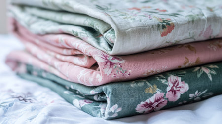 A collection of beautifully folded floral fabric textiles in soft colors, ideal for home decor, crafts, and sewing projects. Perfect for adding elegance.の素材