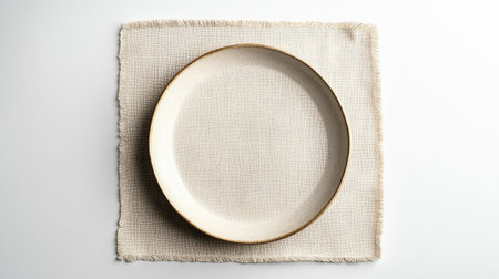 A minimalist white plate resting on a textured fabric surface, showcasing a clean and elegant dining setting. Perfect for culinary presentations and styled compositions.の素材