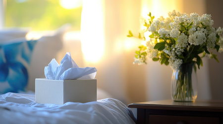 A cozy bedroom scene featuring a tissue box and a beautiful flower bouquet. Soft sunlight filters through the curtains, creating a tranquil ambiance.の素材