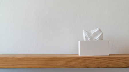 A minimalist tissue box placed on a wooden shelf, showcasing a clean and stylish design. The neutral background enhances the simple elegance of everyday items.の素材