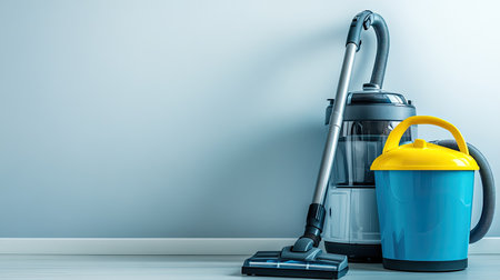 A modern vacuum cleaner and a blue cleaning bucket stand against a soft wall background, symbolizing cleanliness and efficient home maintenance.の素材