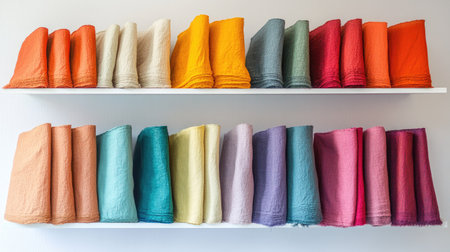 A vibrant collection of assorted textiles in various colors neatly arranged on shelves, perfect for interior decoration, craft projects, and artistic displays.の素材