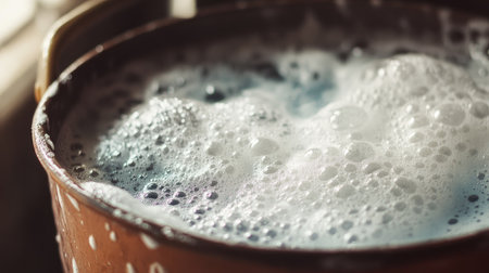 This close-up image captures the intricate bubbles formed in a wooden bucket filled with soapy water, showcasing the textures and foamy surface.の素材