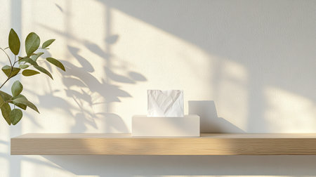 A serene and minimalist interior showcasing a tissue box with a green plant on a wooden shelf, illuminated by soft natural light, creating a calming atmosphere.の素材