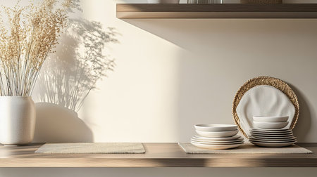 A serene kitchen shelf scene featuring stacked plates, natural materials, and dried flowers, showcasing minimalist design and warm aesthetic elements.の素材