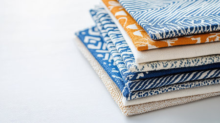 A vibrant collection of stacked textiles showcasing intricate patterns and colors, ideal for home decor, crafting, and artistic projects with a modern touch.の素材