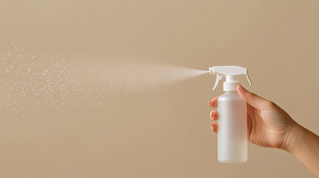 A hand holds a clear spray bottle, releasing a fine mist against a neutral background, perfect for cleaning or refreshing any space.の素材