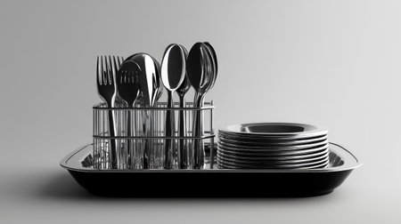 A sleek arrangement of stainless steel cutlery including forks, knives, and spoons in a rack, complemented by elegant plates, perfect for contemporary dining settings.の素材