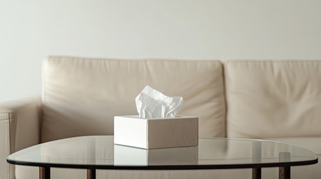 A stylish white tissue box sits on a glass table in a modern living room. The soft beige couch in the background enhances the cozy atmosphere of the space.の素材
