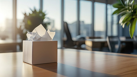 A simple tissue box sits on a wooden desk in a bright modern office. The natural light creates a calming atmosphere, enhancing the workspace's minimalist design.の素材