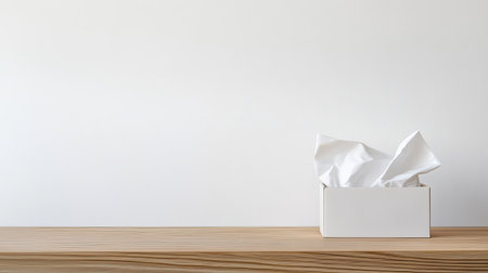 A simple white box containing crumpled paper sits on a light wooden surface, creating a minimalistic and elegant atmosphere suitable for various creative projects.の素材