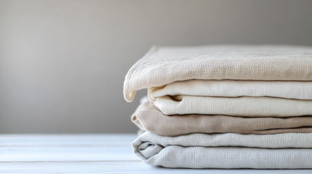 A beautiful arrangement of soft, neutral-toned linen textiles stacked neatly on a light wooden surface, perfect for home decor or textile projects.の素材