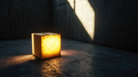 A lonely illuminated box sits in a dim space, casting soft shadows. The interplay of light and dark creates an atmosphere of mystery and intrigue.の素材