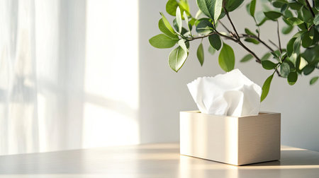 A soft white tissue box sits elegantly on a wooden table, complemented by green leaves. The gentle light filtering in creates a peaceful and serene atmosphere.の素材