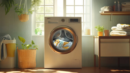 A warm and inviting laundry room featuring a washing machine, fresh towels, and natural light streaming through a window, creating a cozy atmosphere.の素材