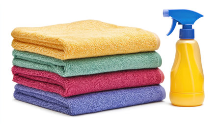 Vibrant stack of soft towels in various colors alongside a cleaning spray bottle, ideal for home cleaning, hygiene, and organization tasks in domestic spaces.の素材