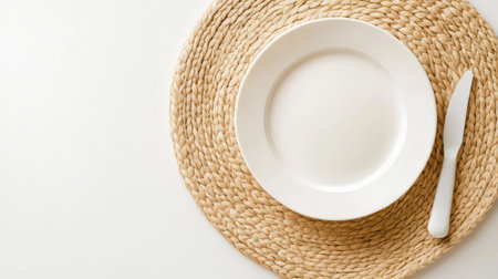 A minimalist design featuring an empty white plate on a natural woven place mat with a knife. Ideal for showcasing dining and kitchen themes in lifestyle photography.の素材