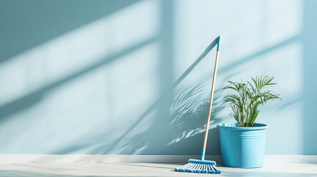 A serene indoor scene featuring a rake beside a potted plant against a soothing blue wall, showcasing natural light and gentle shadows for a refreshing vibe.の素材