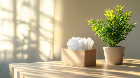 A stylish interior scene featuring a tissue box and a vibrant green plant on a wooden table, bathed in warm sunlight and soft shadows, creating a serene atmosphere.の素材