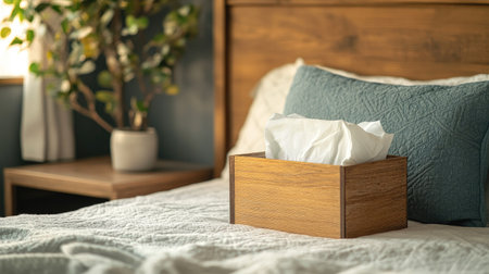 A cozy bedroom scene featuring a wooden tissue box placed on a neatly made bed, accompanied by a potted plant beside a nightstand, creating a serene atmosphere.の素材