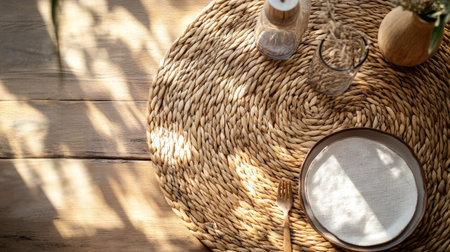 A beautifully arranged table setting featuring a woven mat, simple plate, and minimal decor. Soft natural light creates a warm and inviting atmosphere.の素材