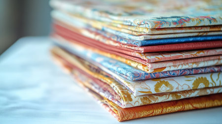A close-up view of colorful stacked fabrics showcasing intricate patterns and textures. Perfect for craft projects, sewing, or as a vibrant home decor element.の素材