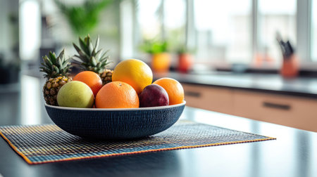 A vibrant arrangement of fresh fruits in a decorative bowl sits on a kitchen table, showcasing the beauty of healthy eating and culinary art in a modern indoor setting.の素材