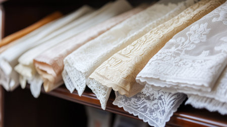 A beautiful collection of lace textiles in soft neutral tones, showcasing intricate details and elegant designs, perfect for home decor or fashion projects.の素材