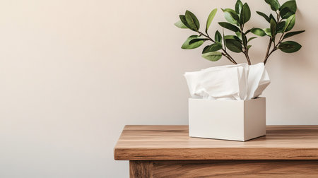 A decorative tissue box with white tissues and a faux plant top sits elegantly on a wooden surface, showcasing minimalist home decor perfect for any indoor space.の素材