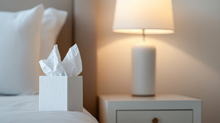 A serene bedroom scene featuring a tissue box on a nightstand paired with a soft lamp, inviting comfort and relaxation in a modern setting.の素材