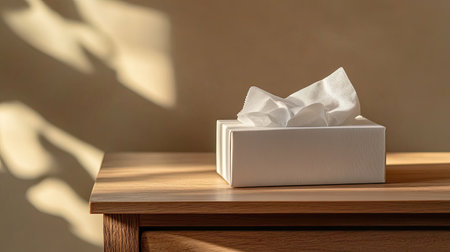 A serene scene showcasing a white tissue box resting on a wooden table, bathed in soft light and gentle shadows, perfect for illustrating comfort and simplicity.の素材