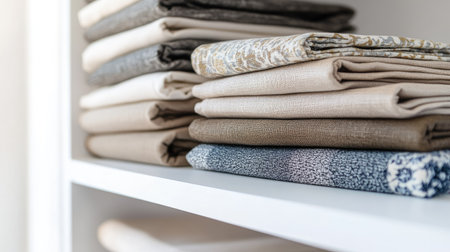 This image showcases an organized shelf displaying a variety of neatly folded textiles in soft neutral tones. The clean arrangement enhances a tranquil home atmosphere.の素材