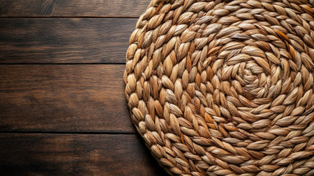 This image features a natural round woven place mat set upon a rustic wooden table surface, showcasing a blend of organic textures and warm tones.の素材