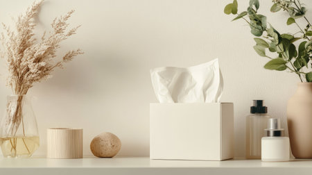 This image showcases a stylish minimalist decor arrangement featuring a tissue box, natural flowers, and elegant containers, creating a serene atmosphere.の素材