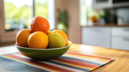 A bowl filled with fresh citrus fruits sits on a wooden table in a bright kitchen. The vibrant colors and natural light create a cheerful atmosphere perfect for healthy living.の素材