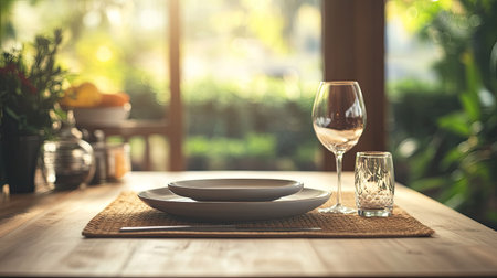 A beautifully arranged dining table featuring elegant tableware, a wine glass, and a cozy atmosphere surrounded by soft natural light and greenery.の素材