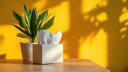 This image features a white tissue box and a green plant, set on a table against a vibrant yellow background, showcasing natural light and serene aesthetics.の素材