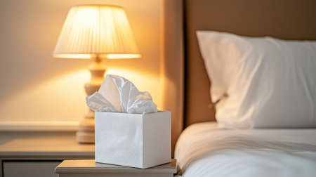 A cozy bedroom scene featuring a soft bed and a tissue box beside a lamp, creating a warm and inviting atmosphere perfect for relaxation.の素材