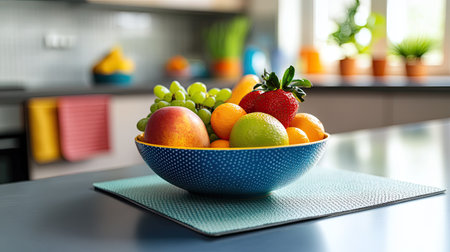 A vibrant bowl of fresh fruits sits on a countertop in a bright kitchen. The arrangement features apples, oranges, grapes, and strawberries, creating a cheerful and healthy vibe.の素材