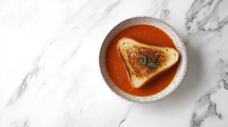 A comforting bowl of tomato soup paired with a perfectly grilled cheese sandwich, presented on a sleek marble surface. Ideal for meal inspiration.の素材