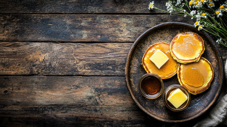 Cozy plate of warm pancakes topped with butter and syrup, perfect for a delicious breakfast or brunch experience on a rustic wooden table.の素材