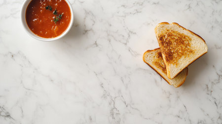 A warm bowl of delicious tomato soup paired with perfectly toasted bread on a marble table. Ideal for cozy meals or quick snacks, this image highlights comfort food.の素材