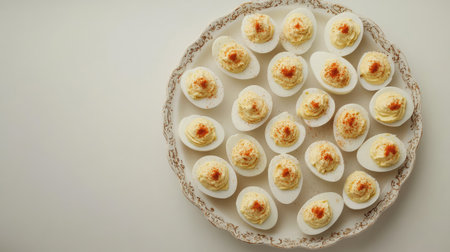 Top view of a platter of deviled eggs garnished with paprika. Copy space available.の素材