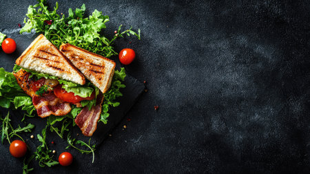 A mouthwatering bacon sandwich sits atop a dark slate board, surrounded by fresh lettuce and vibrant tomatoes, perfect for a hearty meal or snack.の素材