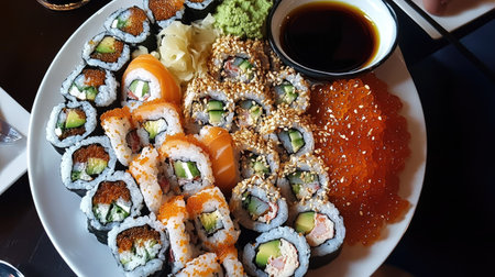 A vibrant sushi platter featuring various colorful rolls, fresh wasabi, pickled ginger, and soy sauce. Perfect for a delightful meal or gathering.の素材