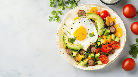 A vibrant breakfast burrito featuring a sunny-side-up egg, fresh avocado slices, juicy tomatoes, and green herbs. Ideal for a healthy meal.の素材