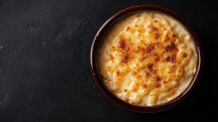 Indulge in a rich and creamy baked macaroni and cheese served in a rustic brown bowl. The golden, crunchy topping enhances the comforting dish, perfect for any meal.の素材