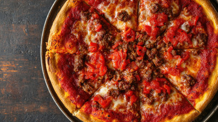 Enjoy a mouthwatering freshly baked pizza featuring savory toppings on a rustic wooden table. Perfect for a casual meal or sharing with friends.の素材