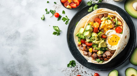 A colorful breakfast burrito filled with fresh vegetables, sausage, and a sunny-side-up egg, perfect for a healthy and delicious meal any time of day.の素材